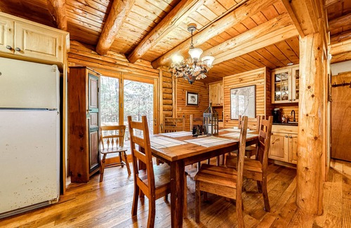 Cresco Cabin | Dog-friendly log cabin with great outdoor bar, firepit, fireplace & porches