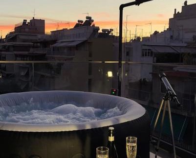 Athens Apartment | Luxury Designed Suite Penthouse Center Near Metro Jaccuzi Fireplace View Bar Art