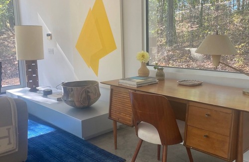 Water Mill House | Modernist Glass House nestled in tall pines and nature offering total privacy