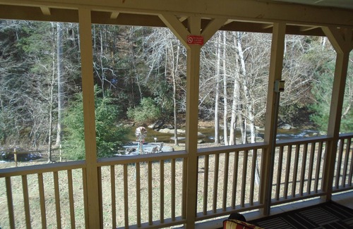 Ellijay Cabin | Mountain Resort Cabin, Private, screened porch overlooking wide peaceful creek.