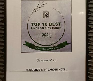 Plovdiv Center Hotel | Residence City Garden - Certificate of Excellence Top 10 BEST Five-Stars City Hotels for 2024 awarded by HTIF