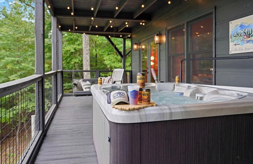 Necowa Cove Cabin | Spacious Cabin with Fire Pit, Hot Tub & Game Room!