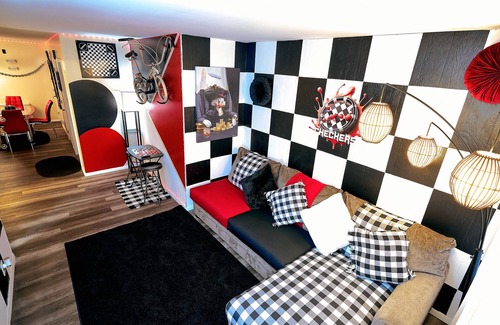 Nashua Apartment | Trendy Downtown Nashua Getaway: Checkers-Themed 1 Bed/1 Bath!