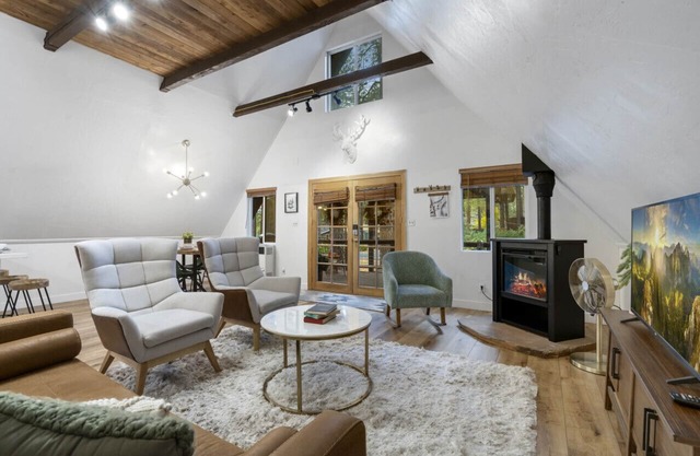 A-frame cabin, fenced-in yard