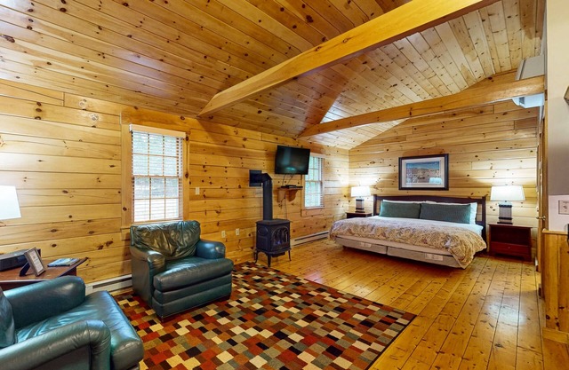 Adventure ready studio cabin with wooded views, fireplace, & AC
