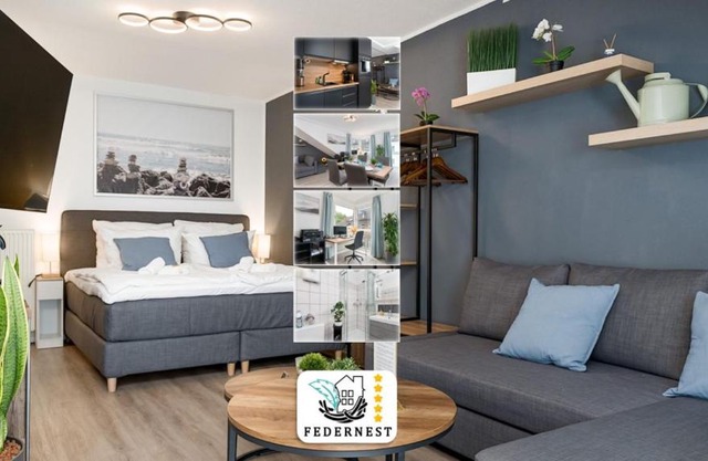 Federnest - Luxus-Studio - Kingsize Boxspringbett - Home-Office mit Monitor und Drucker - 11 Min Hbf