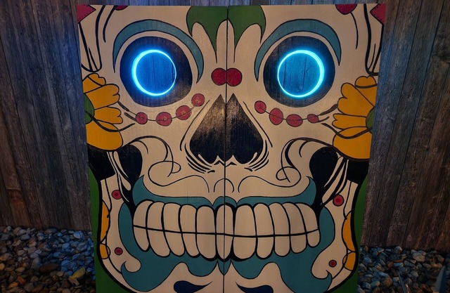 Halloween House sugar skull corn hole, life size Checkers, Horseshoe, Foosball