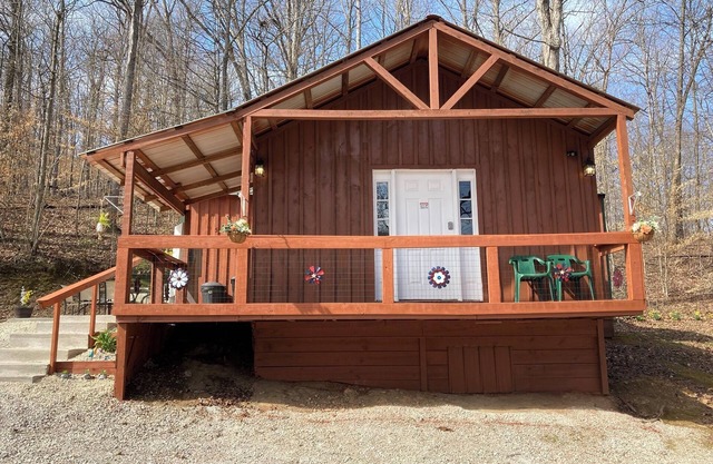 Happy Hills 🙂It’s a three bedroom one bath cabin with a side patio and garage
