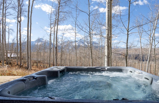 Luxury home with majestic mountain views, private hot tub, fireplace & deck