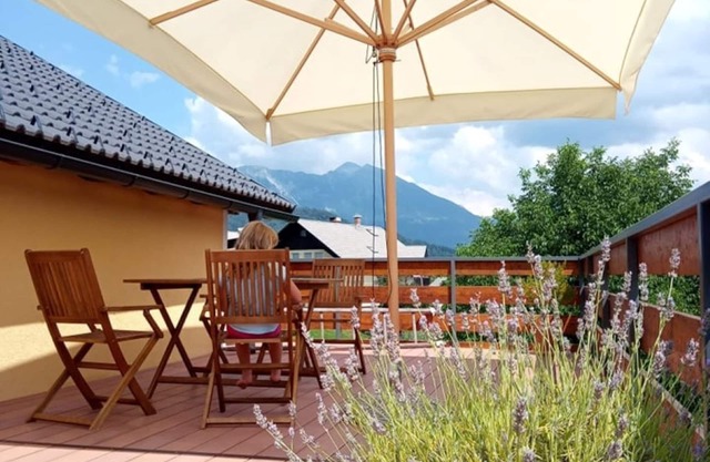 Open terrace with mountains view :) Near Bled lake :) Family friendly