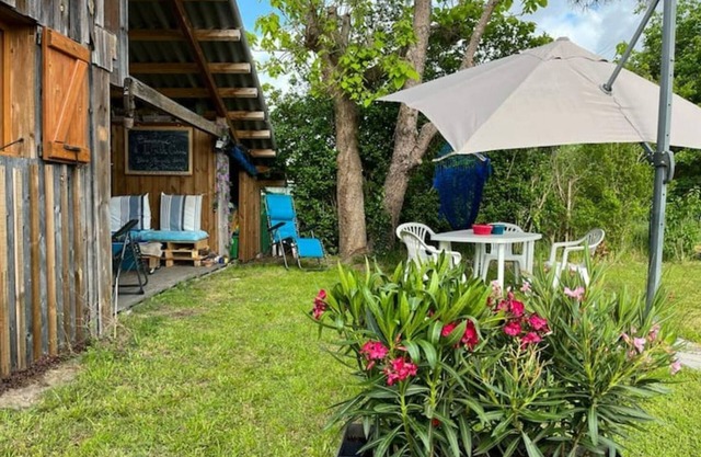 The little blue cabin hidden in the meadow