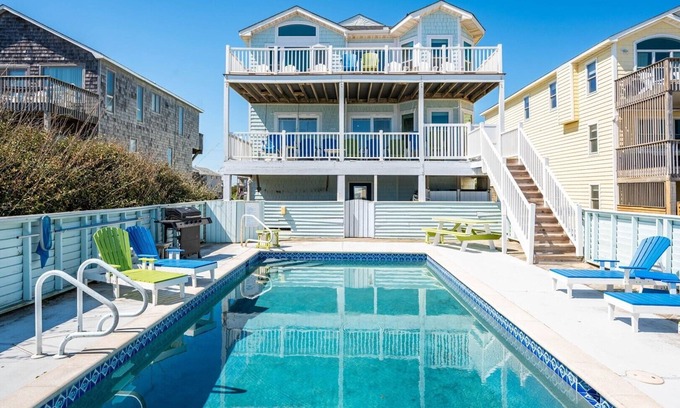 South Nags Head House | 800 Luxury 8-Bedroom Oceanfront Retreat with Pool & Hot Tub
