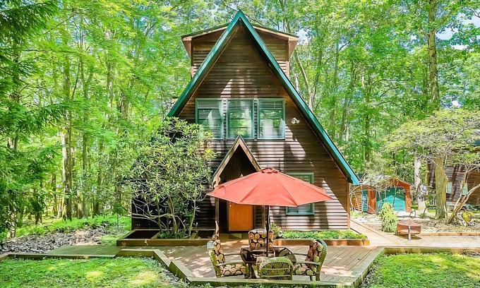 Sky Valley House | A-frame home in Swanton with firepit, private hot tub, & deck