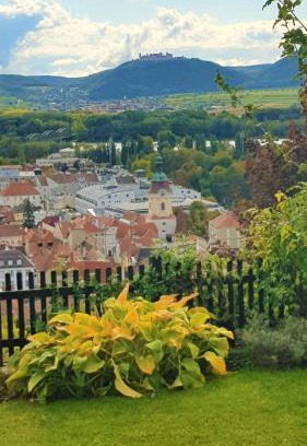 Krems an der Donau Apartment | Blick über Krems mit Gartenpavillon