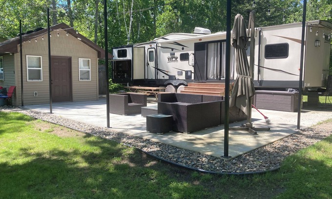 Nevis House | Deer Lake lakefront lot with sandy beach, camper, bathhouse. Minutes from Nevis.