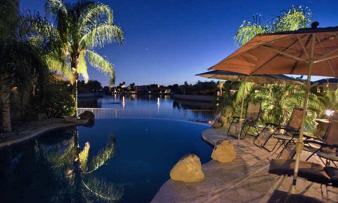 Arrowhead Lakes House | Desert Lakehouse Oasis:Heated pool, heated spa, & pontoon boat use included.