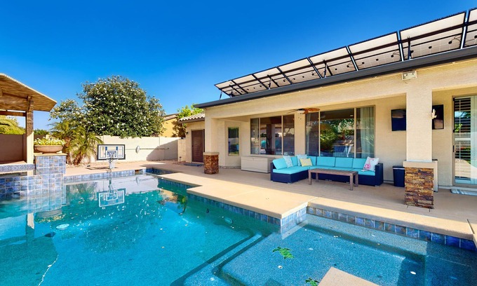 Chandler House | Dog-friendly home with private pool, grill, firepit, pool spa, & enclosed yard