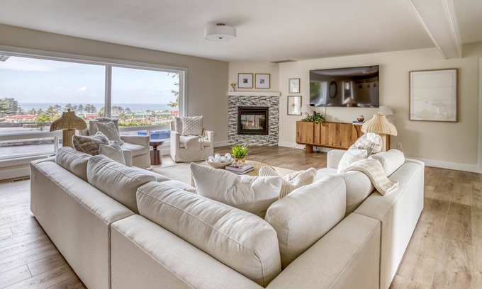 Lincoln City House | Fabulously Updated Ocean View Home with Sunroom, Game Room, Hot Tub, Fire Pit!