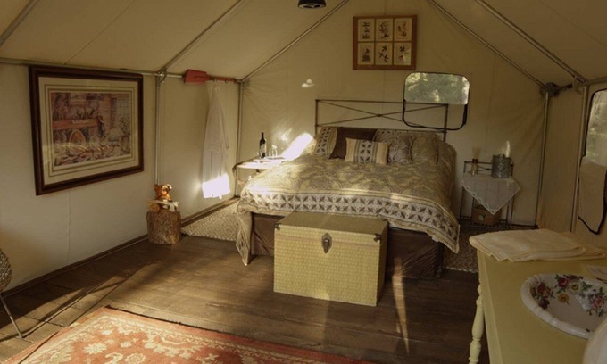 Helena Cabin | Glamp in a Wall Tent furnished w/a Double and Twin beds at Norwegian Wood Ranch