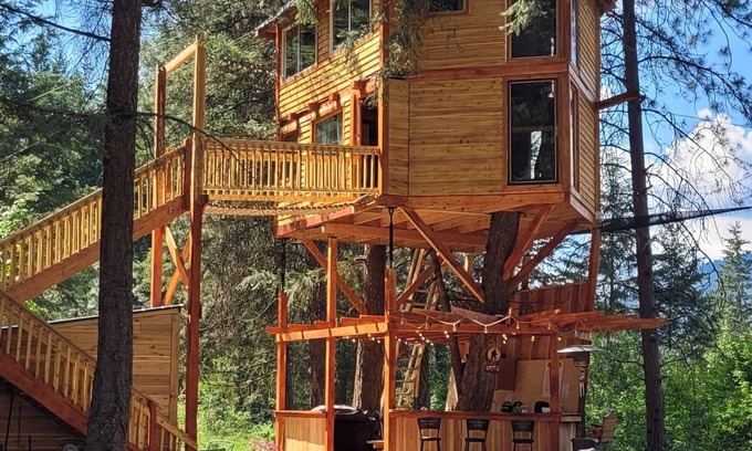 Armstrong House | Glamping in the woods with this Treehouse built in between 2 big alive Fir Tree