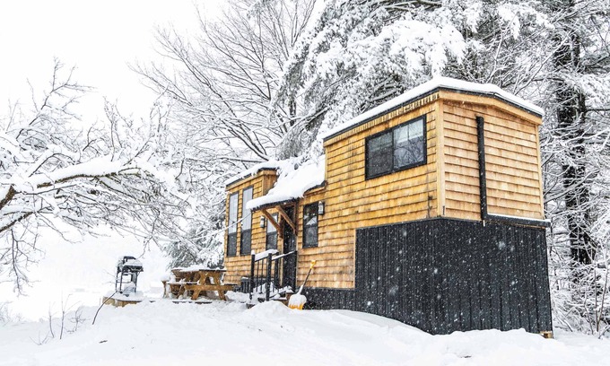 Johnson House | Haven Tiny House w/hot tub on river near Stowe