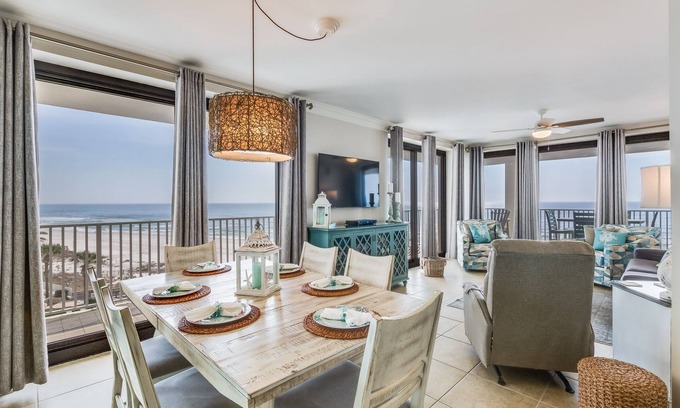 Orange Beach Condo | HUGE Balcony! Beachfront Corner Unit/Views in all rooms, One FREE parking pass