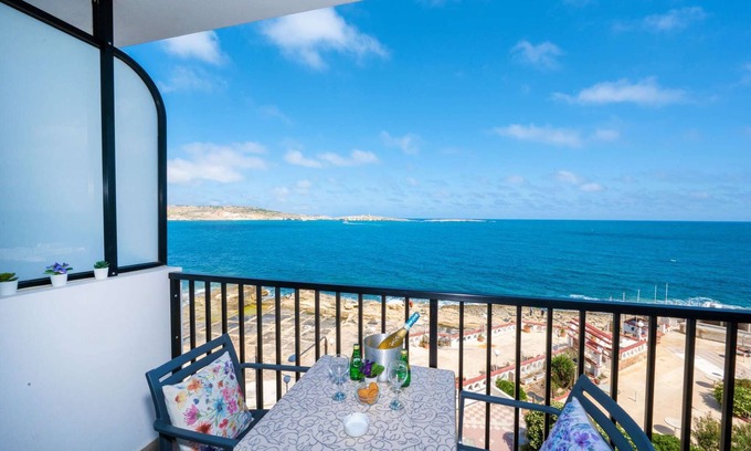Qawra Apartment | Islet Promenade Seafront 1 Bedroom Apartment with 2 seaview balconies