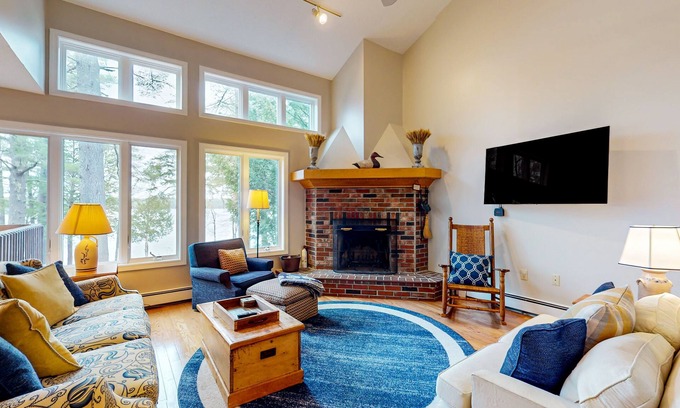 Bridgton Condo | Lakefront condo with on-site pool, dock, swimming, firepit, & tennis