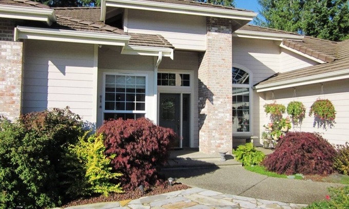 Port Orchard House | Large One-Story 4BD/2BA Home with Office, Covered Deck, Waterfall, and Nature