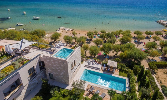 Omis Villa | Luxury beachfront VILLA FLORES heated outdoor and indoor swimming pool