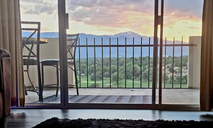 Southeast Colorado Springs Condo | Mountain Views! 2 bdrm, full home, 10th floor- 48ft balcony Pike's Peak sunsets!
