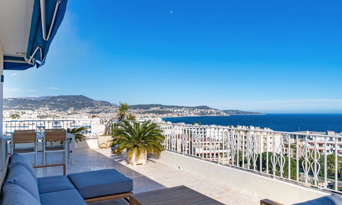 Fabron Apartment | Nice RARE Superb 2 bedroom A/C sea view with large terrace panoramic view