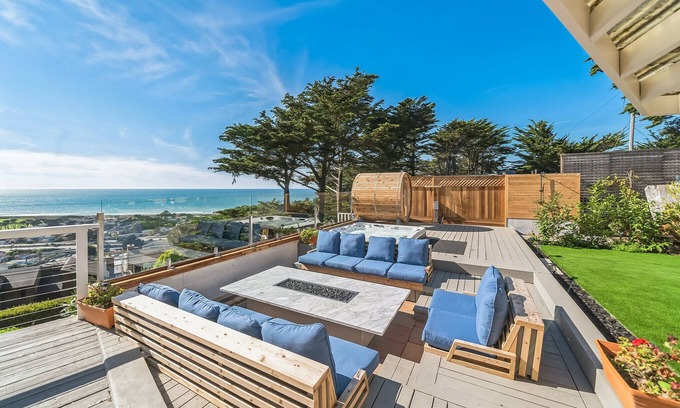 Sharp Park House | Oceanview Coastal Retreat with Barrel Cedar Sauna, Hot Tub & Fire Pit