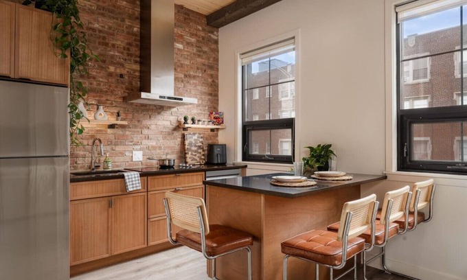 Irving Park Apartment | Pine Beam Sloth Apartment next to Blue Line