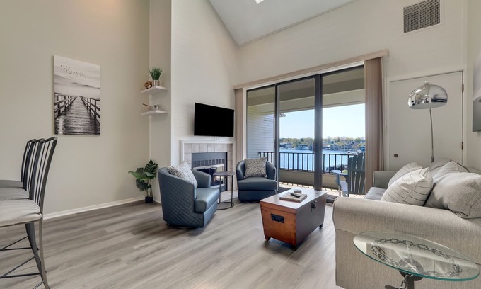 Charlevoix Condo | Scenic 2BR with Vaulted Ceilings | Downtown Charlevoix | Pool, Hot Tub, Sauna