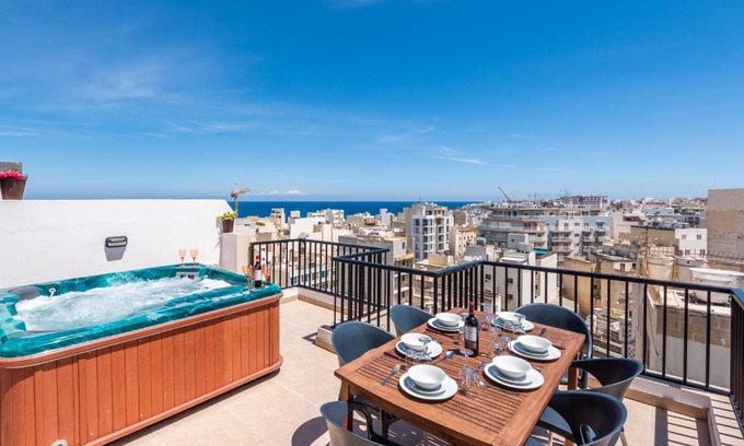 Bugibba Apartment | Seashells Sea View Penthouse with private Hot Tub & large sunny terrace with stunning views - by Getwaysmalta