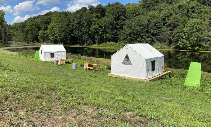Town of Marbletown RV Rental | Tentrr Signature Site - Lakeside Tents in Historic Orchard