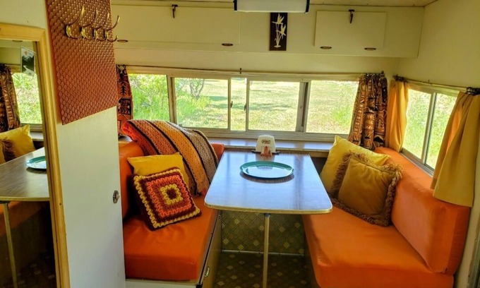 Riverton RV Rental | Travel back in time and camp like its 1970! Camper outfitted with 1970s gear.