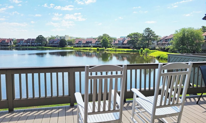 Litchfield by the Sea Condo | Two-Story Beach Townhouse, Lake View, Easy Walk to Beach, Pool, Covered Parking