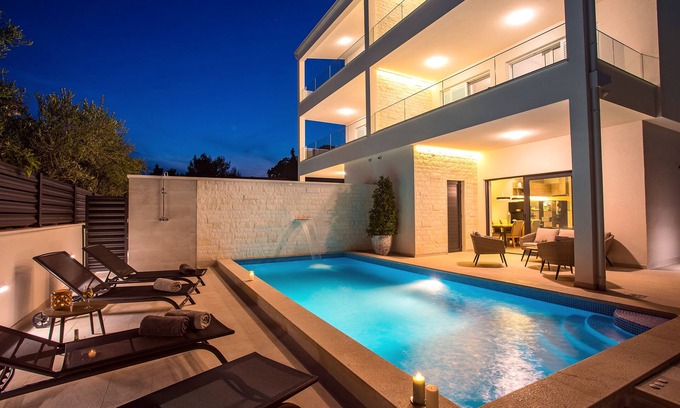 Kastel Stafilic Villa | VILLA PETRA heated pool, sauna, 5 en-suite bedrooms, 30m from sea,