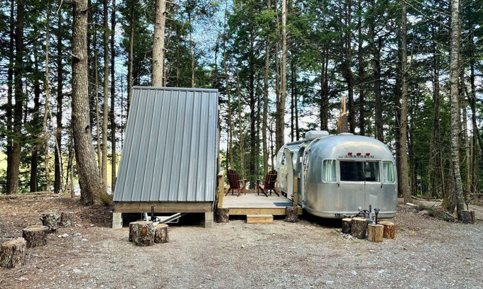 Mariaville Cabin | Vintage Downeast Airstream + Tiny House A-Frame Cabin near Acadia, Fabulous View