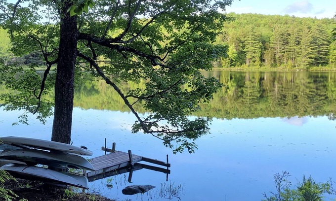 Grantham Cabin | Waterfront Cabin- look down on water from deck, private docks & fire pit