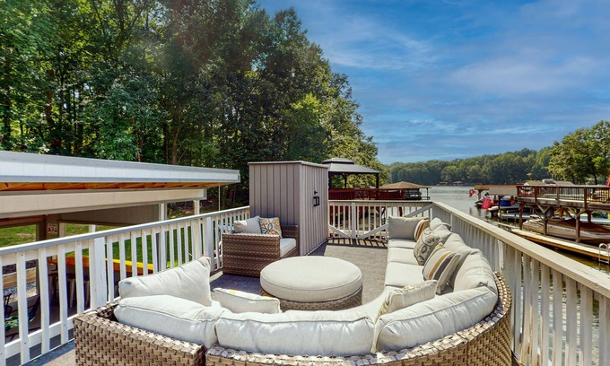 Bumpass House | Waterfront home with boat dock, outdoor bar/TV, firepit, and yard games