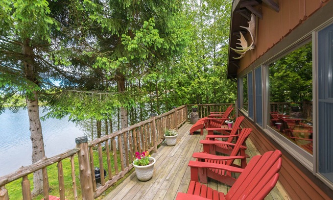 Saranac Lake Cabin | Waterfront Moose Cabin on Lake Colby, Saranac Lake, Deck overlooking Lake Colby