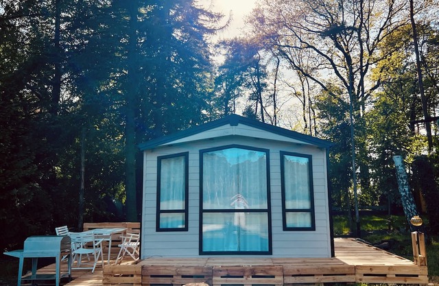 Chalet Futura Magica. Ein Mobilheim Mitten im Wald mit Wiese, Wild & Ruhe